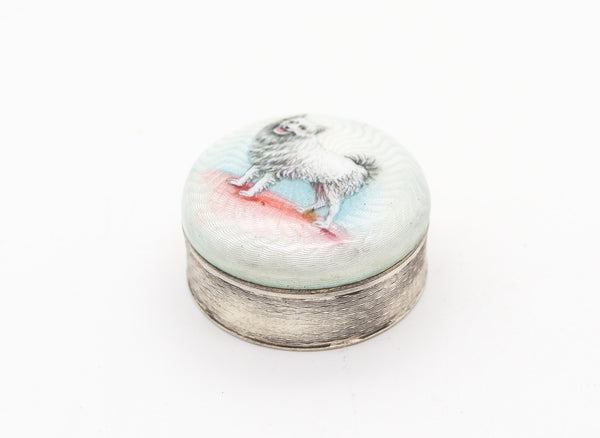 EDWARDIAN 1905 Enameled Dog Guilloche Round Pill Box in .900 Sterling Silver