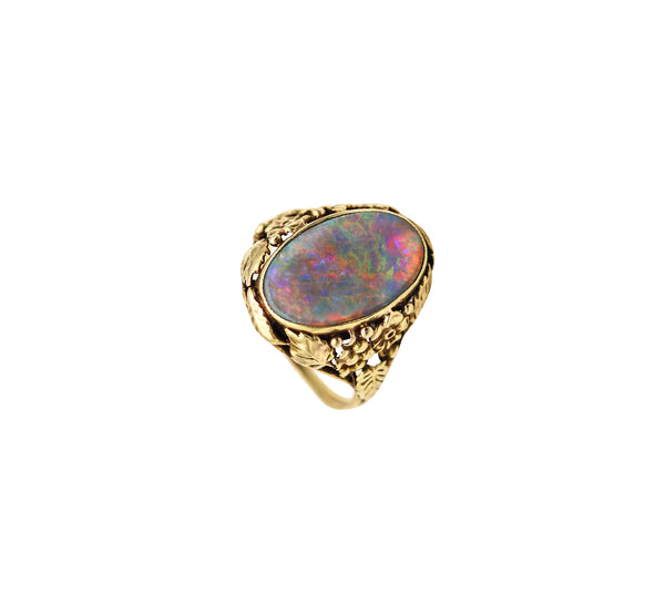 -American 1895 Art Nouveau Ring In 14Kt Yellow Gold With 3.42 Cts Black Opal