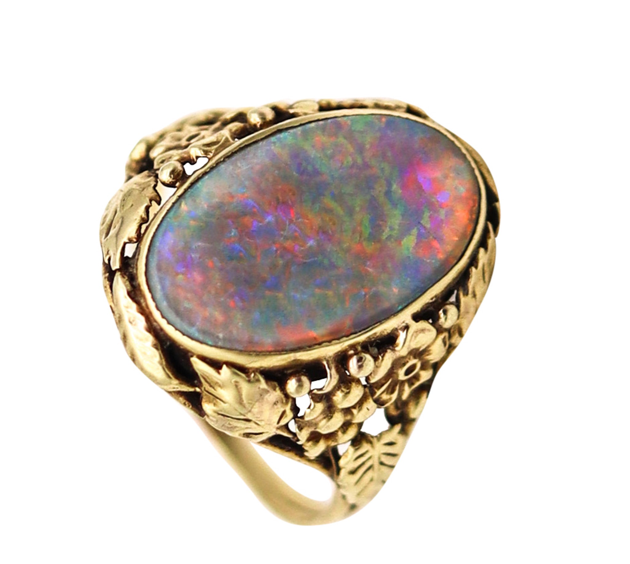 -American 1895 Art Nouveau Ring In 14Kt Yellow Gold With 3.42 Cts Black Opal