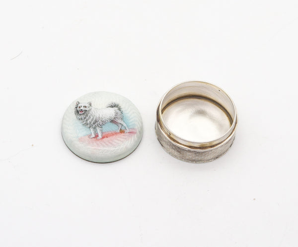 EDWARDIAN 1905 Enameled Dog Guilloche Round Pill Box in .900 Sterling Silver