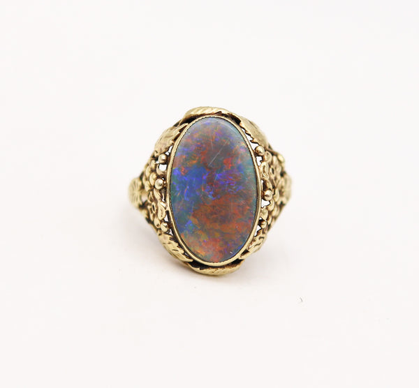 -American 1895 Art Nouveau Ring In 14Kt Yellow Gold With 3.42 Cts Black Opal