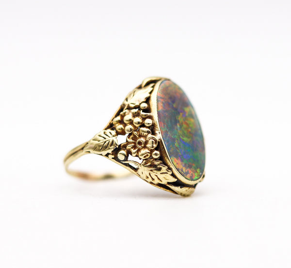 -American 1895 Art Nouveau Ring In 14Kt Yellow Gold With 3.42 Cts Black Opal