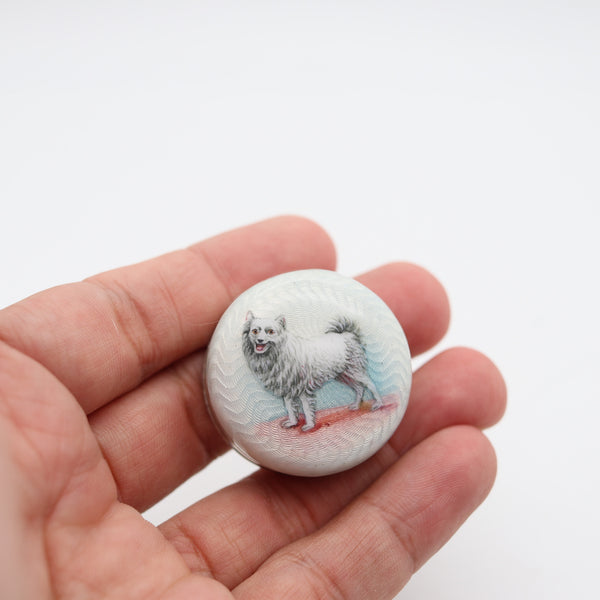 EDWARDIAN 1905 Enameled Dog Guilloche Round Pill Box in .900 Sterling Silver