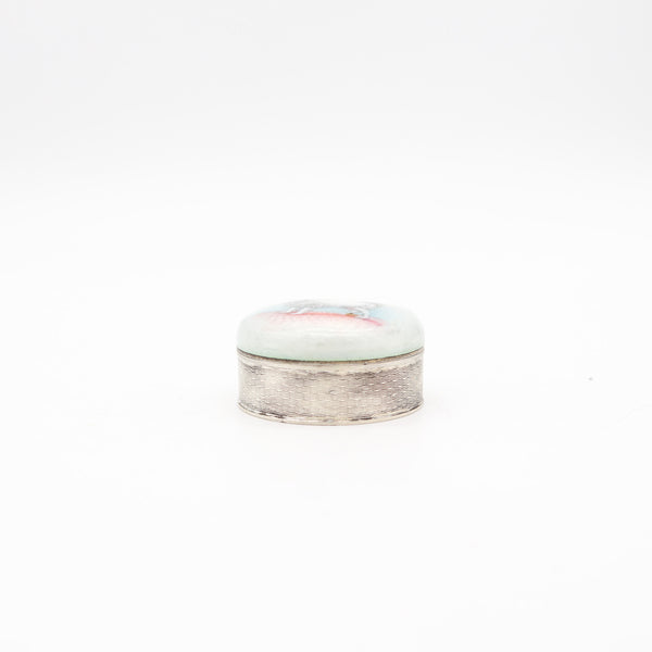 EDWARDIAN 1905 Enameled Dog Guilloche Round Pill Box in .900 Sterling Silver