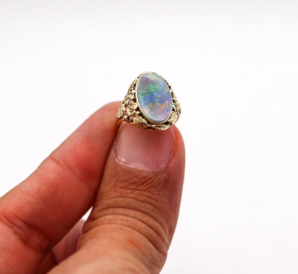 -American 1895 Art Nouveau Ring In 14Kt Yellow Gold With 3.42 Cts Black Opal