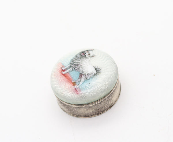 EDWARDIAN 1905 Enameled Dog Guilloche Round Pill Box in .900 Sterling Silver