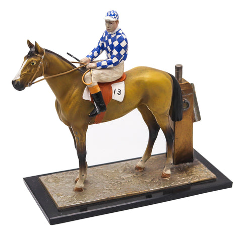 AUSTRIAN 1910-1915 Sculptural Enameled Racehorse With Jockey Desk Touch Striker