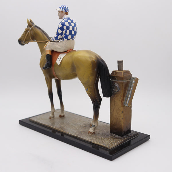 AUSTRIAN 1910-1915 Sculptural Enameled Racehorse With Jockey Desk Touch Striker