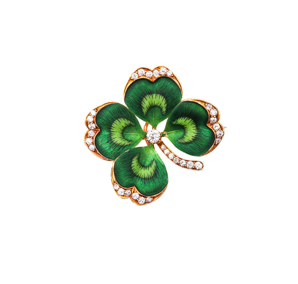 -Edwardian 1905 Art Nouveau Clover Enamel Pendant Brooch In 18Kt Gold With 1.02 Ctw In Diamonds