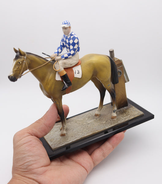 AUSTRIAN 1910-1915 Sculptural Enameled Racehorse With Jockey Desk Touch Striker