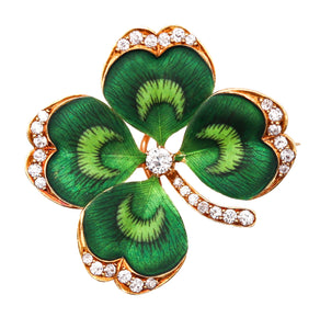 -Edwardian 1905 Art Nouveau Clover Enamel Pendant Brooch In 18Kt Gold With 1.02 Ctw In Diamonds