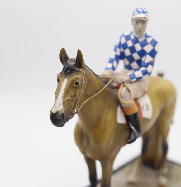 AUSTRIAN 1910-1915 Sculptural Enameled Racehorse With Jockey Desk Touch Striker