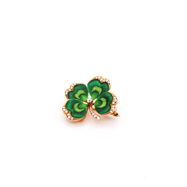 -Edwardian 1905 Art Nouveau Clover Enamel Pendant Brooch In 18Kt Gold With 1.02 Ctw In Diamonds