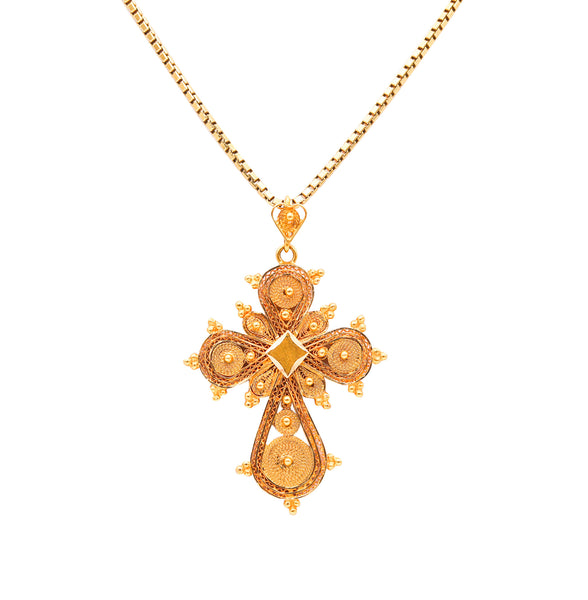 -Portugal 1930 Fine Filigree Byzantine Type Pendant Cross In 18Kt Yellow Gold