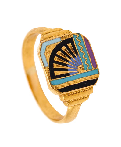 ART DECO 1935 Unusual Japonisme Enameled Geometric Ring In 18Kt Yellow Gold