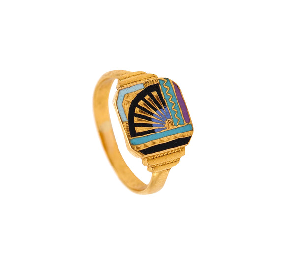 ART DECO 1935 Unusual Japonisme Enameled Geometric Ring In 18Kt Yellow Gold