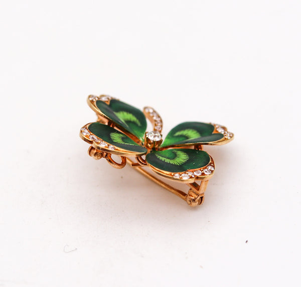 -Edwardian 1905 Art Nouveau Clover Enamel Pendant Brooch In 18Kt Gold With 1.02 Ctw In Diamonds