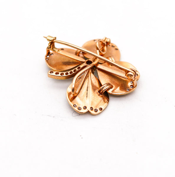 -Edwardian 1905 Art Nouveau Clover Enamel Pendant Brooch In 18Kt Gold With 1.02 Ctw In Diamonds