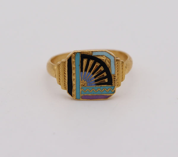 ART DECO 1935 Unusual Japonisme Enameled Geometric Ring In 18Kt Yellow Gold