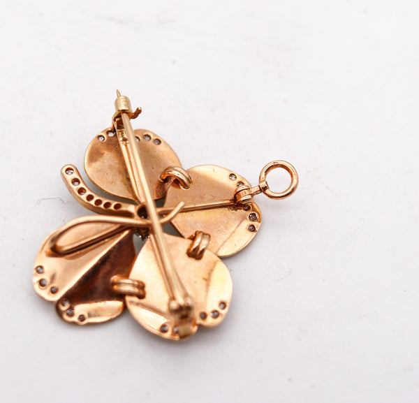 -Edwardian 1905 Art Nouveau Clover Enamel Pendant Brooch In 18Kt Gold With 1.02 Ctw In Diamonds