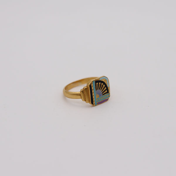 ART DECO 1935 Unusual Japonisme Enameled Geometric Ring In 18Kt Yellow Gold