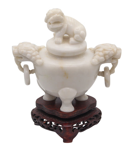 QING DYNASTY 19th Century Carved Foo-Dog Censer With Cover Lid In White Marble