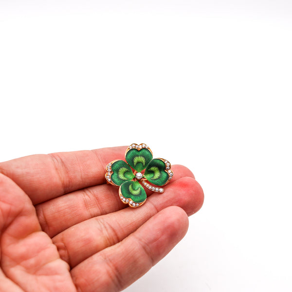 -Edwardian 1905 Art Nouveau Clover Enamel Pendant Brooch In 18Kt Gold With 1.02 Ctw In Diamonds
