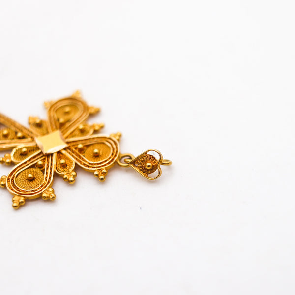 -Portugal 1930 Fine Filigree Byzantine Type Pendant Cross In 18Kt Yellow Gold
