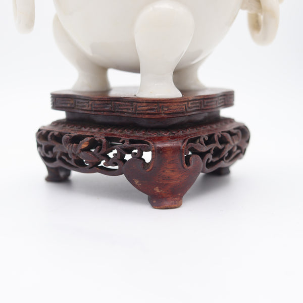 QING DYNASTY 19th Century Carved Foo-Dog Censer With Cover Lid In White Marble