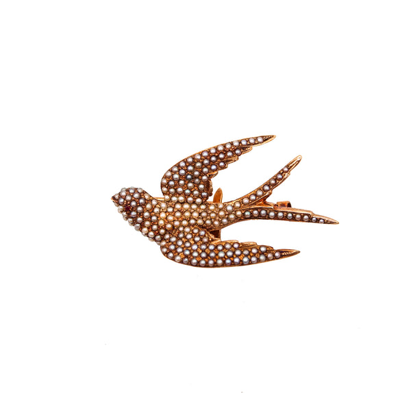 -Victorian 1880 Flying Dove Brooch In 14Kt Yellow Gold With Pearls And Ruby