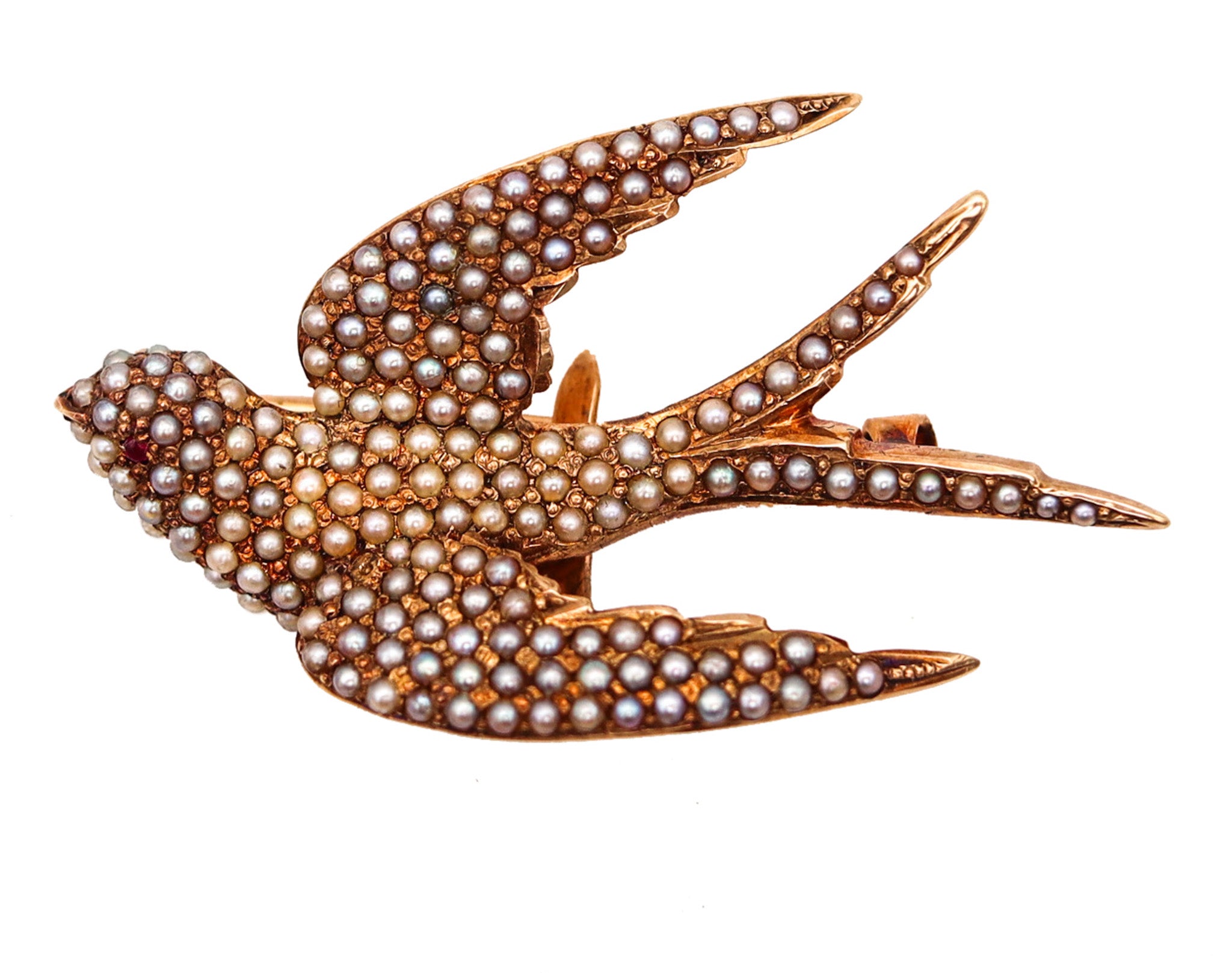 -Victorian 1880 Flying Dove Brooch In 14Kt Yellow Gold With Pearls And Ruby