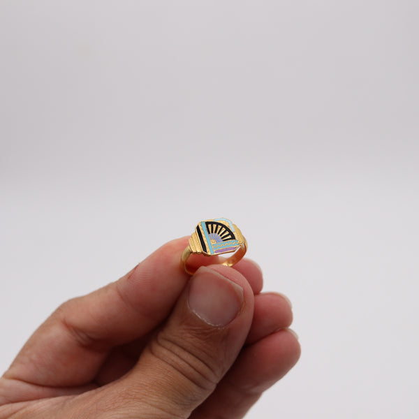 ART DECO 1935 Unusual Japonisme Enameled Geometric Ring In 18Kt Yellow Gold
