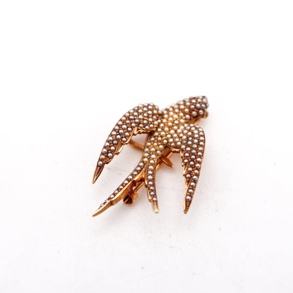 -Victorian 1880 Flying Dove Brooch In 14Kt Yellow Gold With Pearls And Ruby