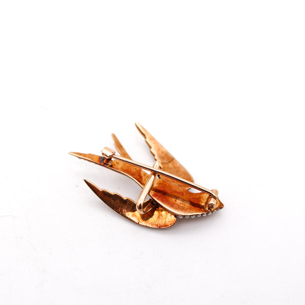 -Victorian 1880 Flying Dove Brooch In 14Kt Yellow Gold With Pearls And Ruby