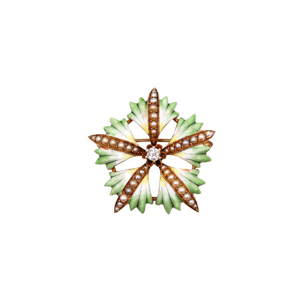 -Edwardian 1905 Enameled Flower Pendant Brooch In 14Kt Gold With Diamond And Pearls