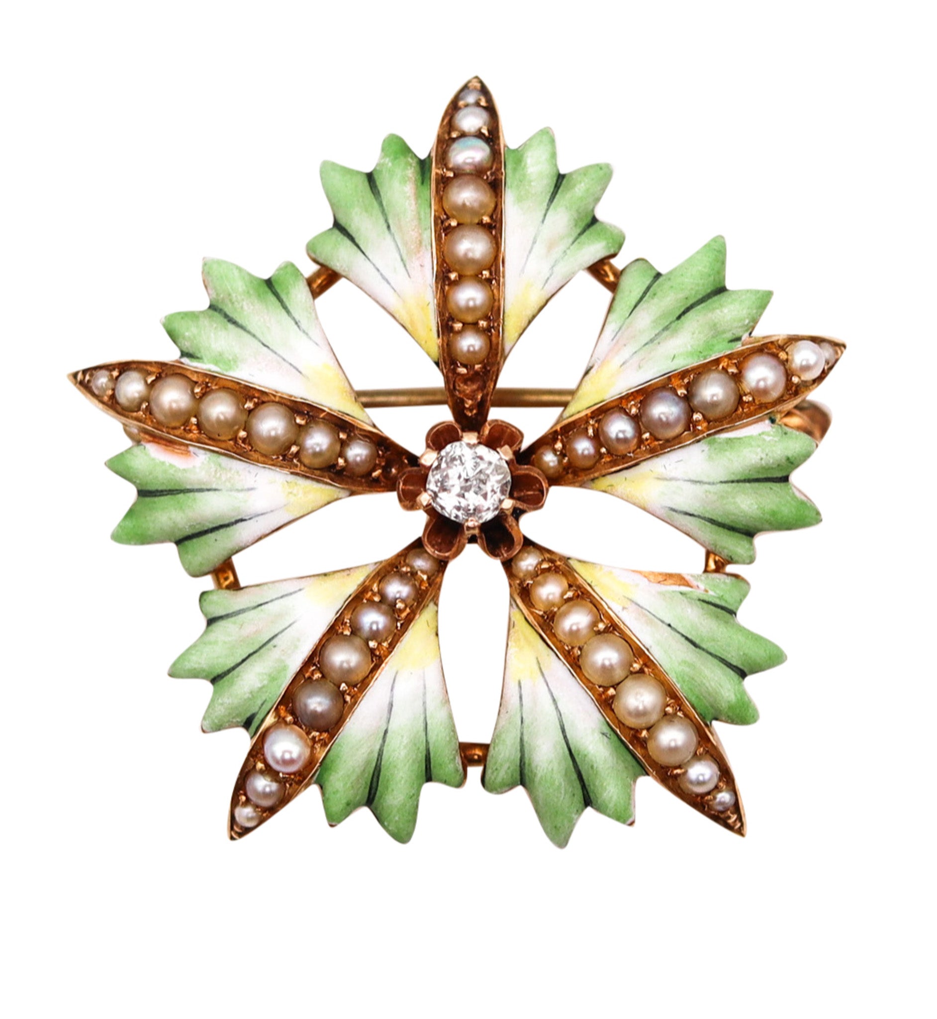 -Edwardian 1905 Enameled Flower Pendant Brooch In 14Kt Gold With Diamond And Pearls