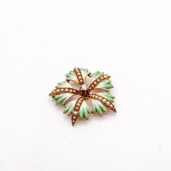-Edwardian 1905 Enameled Flower Pendant Brooch In 14Kt Gold With Diamond And Pearls