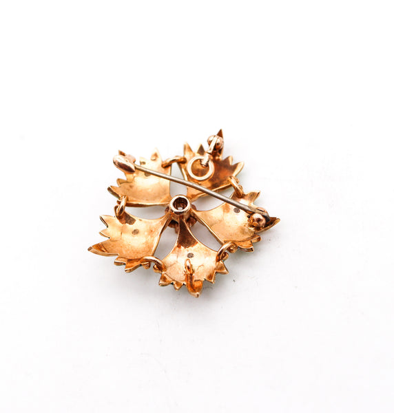 -Edwardian 1905 Enameled Flower Pendant Brooch In 14Kt Gold With Diamond And Pearls