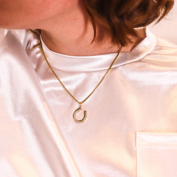 -Edwardian 1900 Horseshoe Lucky Pendant 18Kt Gold 1.95 Ctw In Demantoids & Diamonds