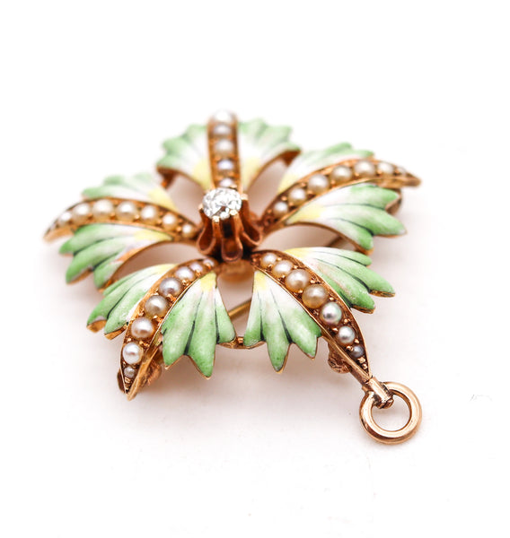 -Edwardian 1905 Enameled Flower Pendant Brooch In 14Kt Gold With Diamond And Pearls