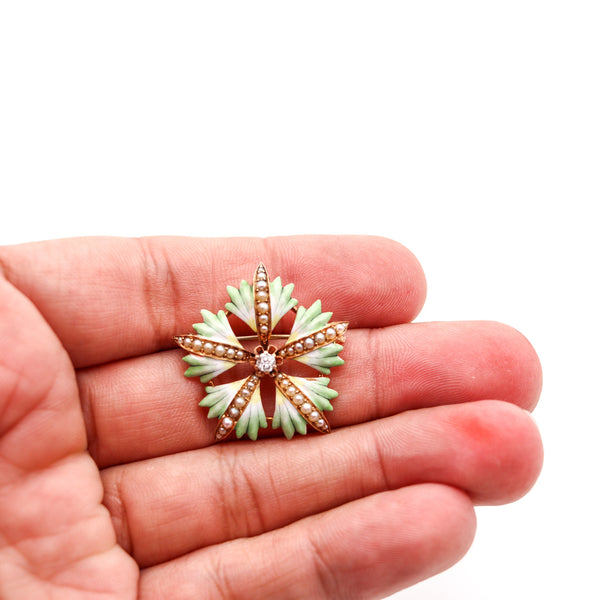 -Edwardian 1905 Enameled Flower Pendant Brooch In 14Kt Gold With Diamond And Pearls