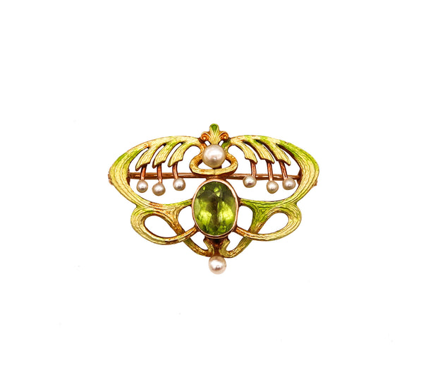 -Alling & Co. 1900 Art Nouveau Enamel Brooch In 14Kt Gold With Peridot And Natural Pearls