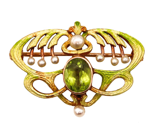 -Alling & Co. 1900 Art Nouveau Enamel Brooch In 14Kt Gold With Peridot And Natural Pearls
