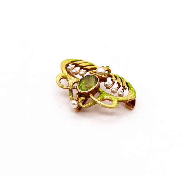 -Alling & Co. 1900 Art Nouveau Enamel Brooch In 14Kt Gold With Peridot And Natural Pearls