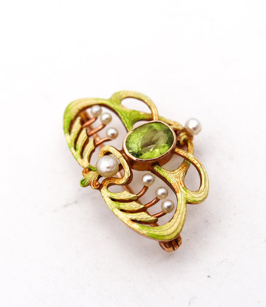 -Alling & Co. 1900 Art Nouveau Enamel Brooch In 14Kt Gold With Peridot And Natural Pearls