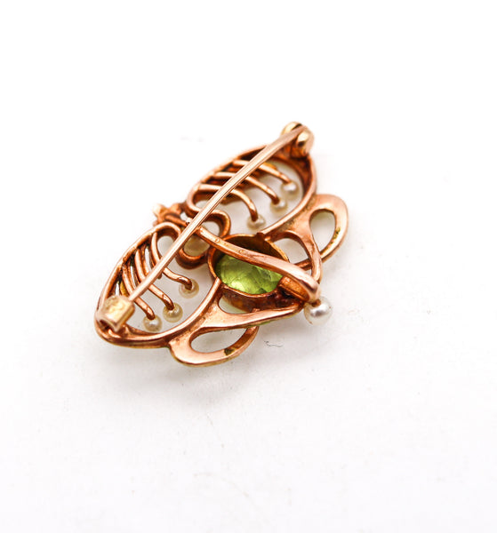 -Alling & Co. 1900 Art Nouveau Enamel Brooch In 14Kt Gold With Peridot And Natural Pearls