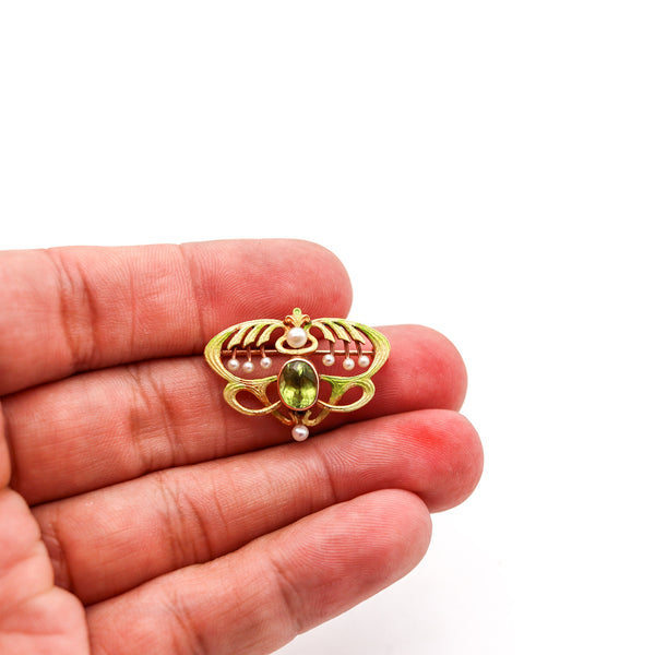 -Alling & Co. 1900 Art Nouveau Enamel Brooch In 14Kt Gold With Peridot And Natural Pearls