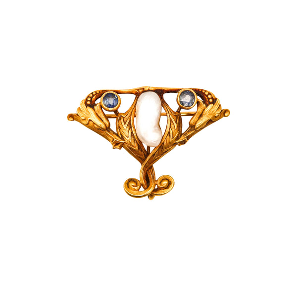 -Art Nouveau 1890 Brooch In 14Kt Gold Montana Sapphires And Mississippi Pearl