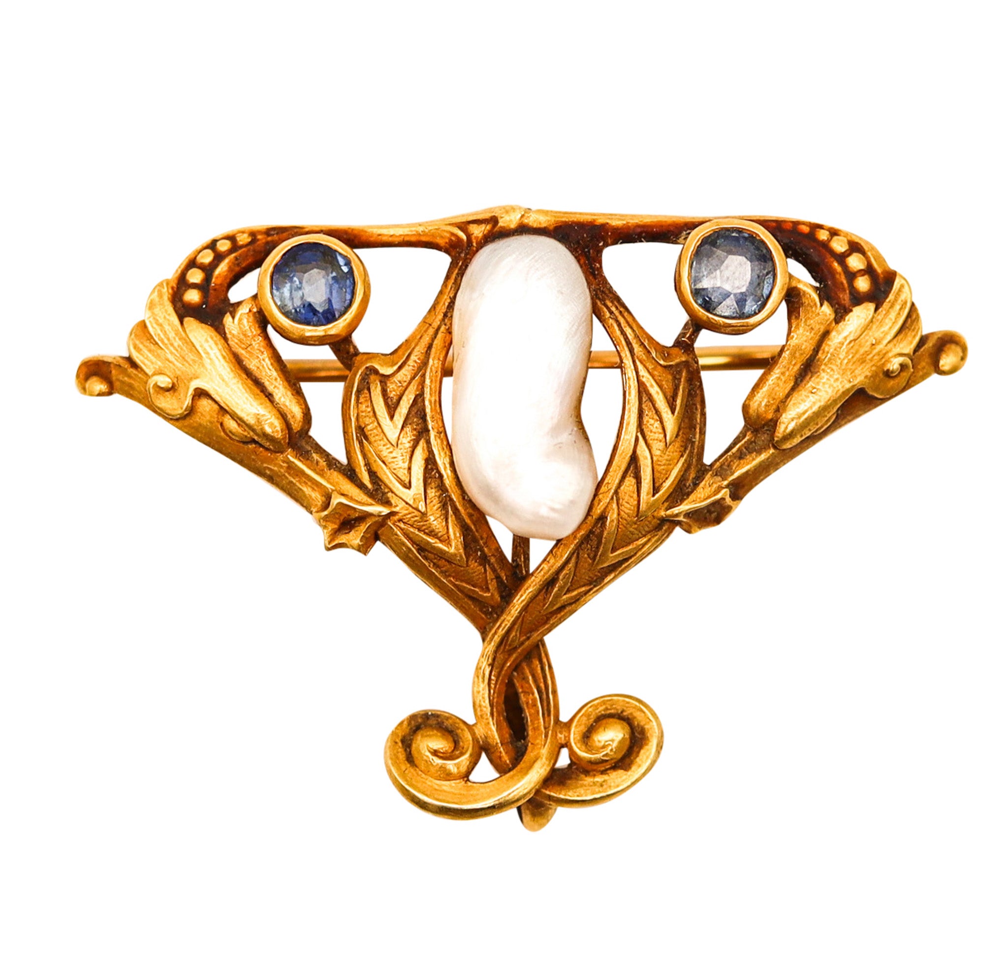 -Art Nouveau 1890 Brooch In 14Kt Gold Montana Sapphires And Mississippi Pearl