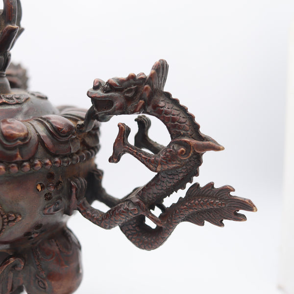 QING DYNASTY 19th Century Dragons Bronze Censer With Scepter Cover Lid